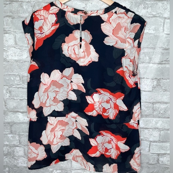 CABI.Floral Navy & tangerine Blouse Top,boho,large blossom flattering layers,SZM - Picture 3 of 4